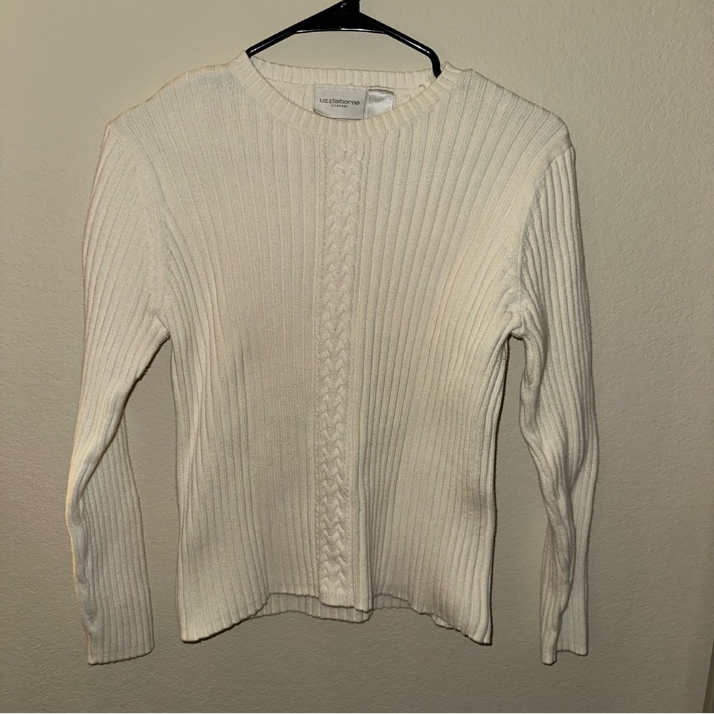 Liz Claiborne Cream Ribbed Cable-Front Sweater Top